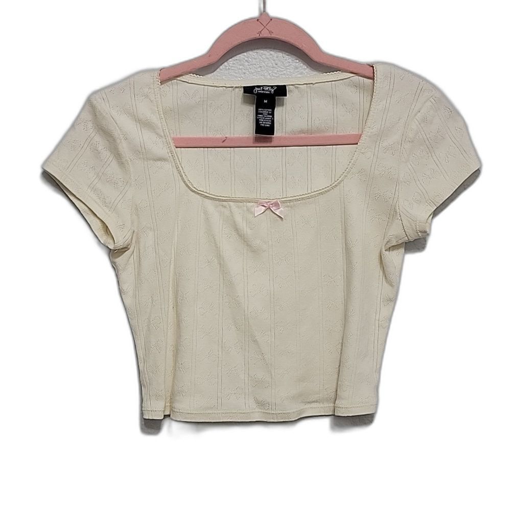 Y2K Just Polly Crop Top Square Neck Bow Pointelle